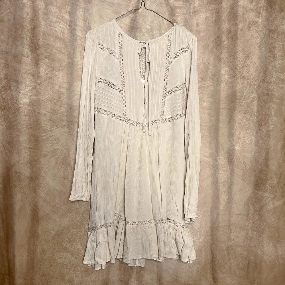 Free People Sweet Treat Mini Shirt Dress Crinkle Long Sleeve Tunic Cream Peasant